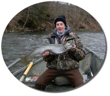 Drift boat steelhead fishing along the Salmon River in Pulaski NY.