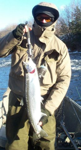 Drift boat steelhead fishing along the Salmon River in Pulaski NY.