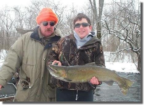 Drift boat fishing for steelhead on the Salmon River in Pulaski NY.