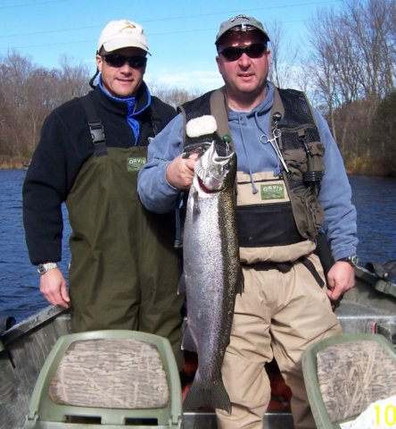 Drift boat fishing for steelhead on the Salmon River in Pulaski NY.